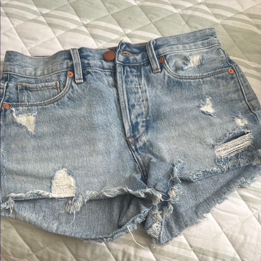 Blank NYC Blue Distressed Jean Shorts with Frayed Hem